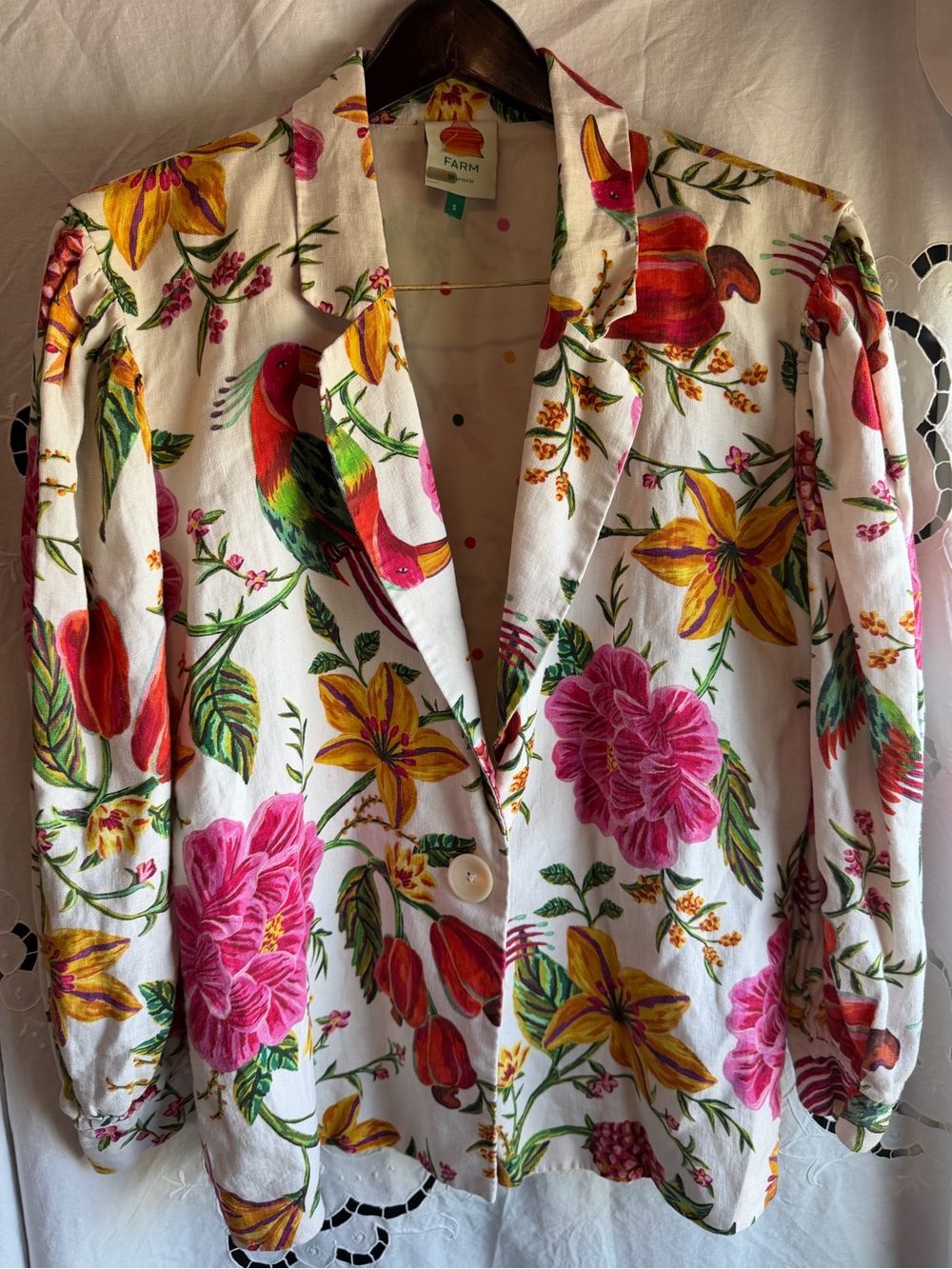 FARM Rio Macaw Mix 100% Linen Tropical Parrot Floral Blazer Resortwear S Coastal